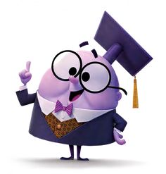 a purple cartoon character wearing a graduation hat and holding a diploma in his right hand