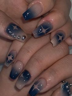 Gothic Nails: 45+ Coolest Designs and Ideas Blue With Black Nails, Dark Blue And Black Nails Acrylic, Gothic Nail Art Dark Short, Goth Nails Short Square, Dark Blue Jelly Nails, Blue Goth Nails, Dark Blue Dress Aesthetic, Nail Ideas Dark Blue, Dark Blue And Black Nails