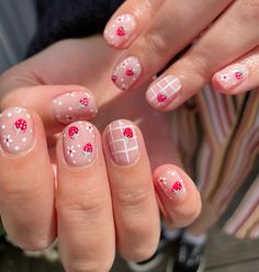 Strawberry Summer Nails, Strawberry Jelly Nails, Short Strawberry Nails, Hospital Nails, Strawberry Nails Short, Strawberry Nails Designs, Simple Nails Pink, Picnic Nails, Strawberry Picnic