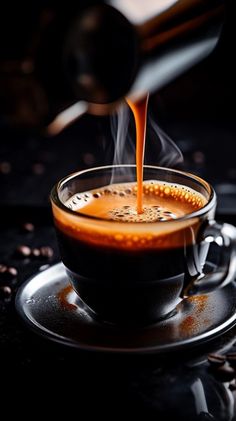 coffee being poured into a glass cup on top of a saucer filled with beans