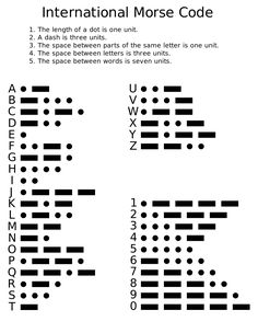 the international morse code is shown in black and white, as well as an info sheet