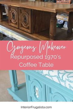 an old dresser turned into a coffee table with text overlay that reads gorgeous makeover repurposed 1970's coffee table