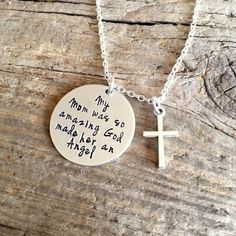 Father's Day ordering deadline is Thursday, June 11. This simple necklace is the perfect way to remember a loved one no longer with us. 1-inch aluminum pendant comes hand stamped with the phrase "My Mom was so amazing God made her an Angel" and a silver cross. You can also change the phrase to say Dad or Brother or Sister, etc. My items are hand stamped by me, making them a unique gift. Each letter is stamped individually and may not line up exactly adding to the charm and uniqueness of the gift Loss Of Mother Sympathy, Jewelry For Him, Loss Of Mother, Remembrance Jewelry, Angel Necklace, Memorial Necklace, Necklace For Men, Stamped Jewelry, An Angel