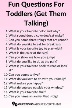 a pink background with the words fun questions for toddlers get them talking