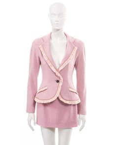 For Sale on 1stDibs - ▪ Christian Dior pink mini skirt suit ▪ Creative Director: John Galliano ▪ Fall-Winter 1997 ▪ Single-breasted blazer jacket in pink wool ▪ Trimmed with Designer Tailored Pink Blazer, Luxury Pink Party Blazer, Luxury Pink Winter Blazer, Designer Pink Winter Blazer, Mini Skirt Suit, Dior By John Galliano, Dior Pink, Christian Dior Haute Couture, Pink Mini Skirt