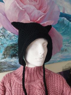 Crochet Cat Ear Hat, Cat Ear Hat, Crochet Bonnet, Hat With Ears, Cat Ears Hat, Ear Hats, Crochet Cat, Knitting Ideas, Wool Hat