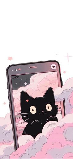 a phone with a black cat on it's screen and clouds in the background