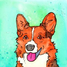 a watercolor drawing of a corgi dog with its tongue out and his tongue hanging out