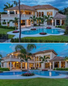 two pictures of a large house with a pool and palm trees in the front yard