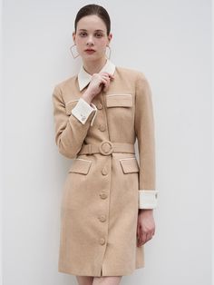 Composition : Shell: Wool 58 Poly 15 Acrylic 16 Nylon 9 Metal 2 Lining: Polyester 100Color : BeigeCountry of Origin : Republic of Korea Classic Beige Winter Dresses, Winter Beige Fitted Mini Dress, Beige Fitted Mini Dress For Winter, Fitted Beige Mini Dress For Winter, Fitted Beige Winter Dress, Fitted Beige Dress For Winter, Elegant Beige Collared Mini Dress, Beige Buttoned Winter Dresses, Fitted Belted Midi Dress For Winter