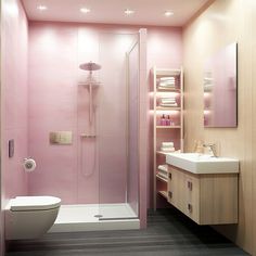 a bathroom with pink walls and flooring is pictured in this image, it appears to be very modern