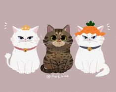 three cats with crowns on their heads and one cat has an orange hairdow