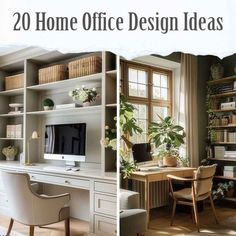 two pictures side by side with the words 20 home office design ideas