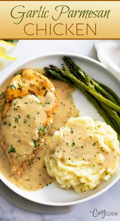 chicken, mashed potatoes, and asparagus topped with a garlic parmesan sauce. Recipes With Garlic Parmesan Wing Sauce, Chicken Tonight Recipe, Meal Ideas With Asparagus, Easy Dinner Recipes Mashed Potatoes, Easy Dinner Recipes To Take To People, Healthy Carbless Dinner Recipes, Chicken With Sides Dinners, White Meat Dinner Ideas, Baked Chicken Mashed Potatoes