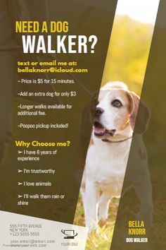 a flyer for a dog walker is shown