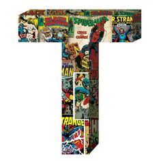 the letter t is made up of comic books and letters that are all different colors