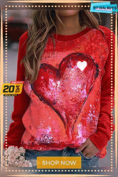 Women's Pullovers Casual Heart-shaped Color Block Long Sleeve Round Neck Pullovers Long Sleeve Tops With Heart Print For Spring, Red Long Sleeve Sweater For Valentine's Day, Red Long Sleeve Valentine's Day Sweater, Heart-shaped Spring Sweater, Red Long Sleeve Sweater With Heart Print, Red Heart Print Sweater For Valentine's Day, Winter Sweater With Heart Graphic, Winter Heart Graphic Sweater, Trendy Long Sleeve Top With Heart Print