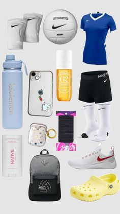 an assortment of sports items including shoes, water bottle and cell phone case are arranged on a white background