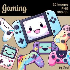 a bunch of cartoon video game controllers with faces on them and the words gaming written in large letters