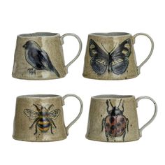 four coffee mugs with different designs and animals painted on the sides, one has a ladybug