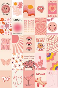 a collage of pink and red images with hearts, flowers, sunbursts