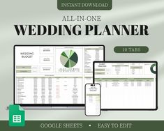 the wedding planner is displayed on a computer, tablet and phone