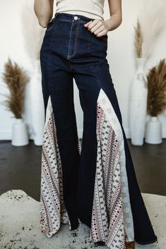 Bohemian Dark Wash Bottoms For Fall, Bohemian High Waist Dark Wash Bottoms, Bohemian Dark Wash High Waist Bottoms, Bohemian Denim Bottoms With Frayed Hem, Bohemian Bottoms With Frayed Hem For Festivals, Bohemian Festival Bottoms With Frayed Hem, High Waist Bohemian Patchwork Bottoms, Bohemian High-waist Patchwork Bottoms, Bohemian Wide Leg Patchwork Jeans