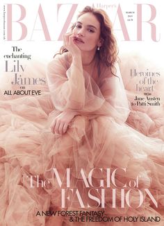 a woman sitting on top of a magazine cover wearing a pink dress and holding her hand to her face