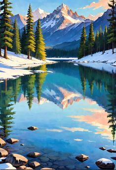 a painting of mountains and trees reflected in a lake with snow on the ground, surrounded by rocks