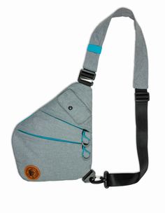 a gray fanny bag with blue straps