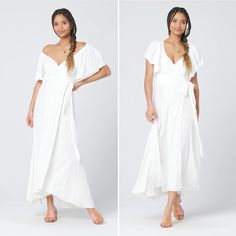 Perfect For Warm Summer Nights, The White Cover-Up Is A High-Low Wrap Dress Featuring Romantic Ruched Shoulders, Flowy Short Sleeves, And A Flattering, Functional Tie Waist. Can Be Worn Either On Or Off The Shoulder. High-Low Hem Wrap Dress Functional Tie At Waist V Front Ruched Shoulder Flowy Short Sleeves Can Be Worn On Or Off The Shoulder 100% Rayon New With Tags! I Try To Ship Same Day White Breezy V-neck Maxi Dress, Breezy V-neck Loungewear Dress, Flowy Wrap Maxi Dress For Brunch, White V-neck Maxi Dress For Loungewear, Summer Wrap Maxi Dress For Daywear, White Flowy Maxi Dress For Loungewear, White Flowy Dress For Loungewear, Summer Flowy Wrap Dress, White Wrap Dress For Daywear