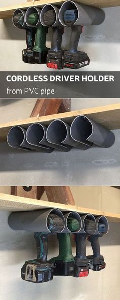 two pictures showing different angles of the same pipe holder and how to use it in your garage