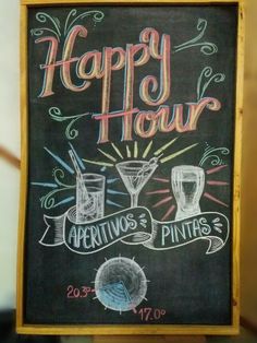 a happy hour sign with drinks on it