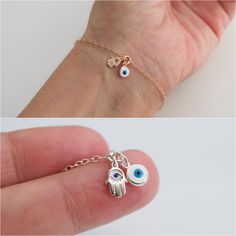 Tiny hamsa and evil eye bracelet DE T A I L S ✦available in silver, gold and rose gold with blue eye or white eye ✦evil eye charms are reversible ✦eye size: 5mm ✦hamsa hand: 5x7mm charm features a tiny blue cz stone L E N G T H ✦choose the length you need from the drop down menu M A T E R I A L ✦ silver: all components are 925 solid sterling silver. ✦gold: chain and findings are 14K gold-filled and charms are gold vermeil ✦ rose gold: chain and findings are 14K rose gold-filled and charms are ro Evil Eye Jewelry Bracelet, Tiny Charms, Hamsa Evil Eye, Evil Eye Hamsa, Bracelet Evil Eye, Pretty Jewelry Necklaces, Hamsa Bracelet, Evil Eye Protection, Fancy Jewellery Designs