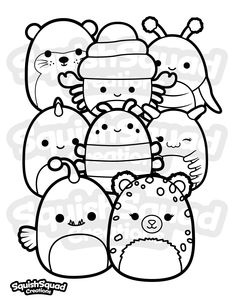 a black and white line drawing of five cartoon animals with hats on their heads, one is