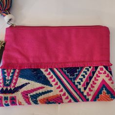 Nwt Handmade In India, Lined Handbag, No Strap, Great For Makeup, Small Items Inside Of A Larger Bag. Beautifully Stitched Large Bag, Small Items, Hand Bag, Makeup Bag, Pink And Orange, Bag Lady, Pouch, India, Handbags