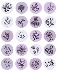 the different types of flowers are drawn in black and white on a light purple background