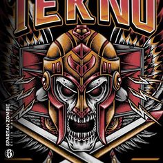 an image of a skull wearing a helmet with two swords in front of the words tekno