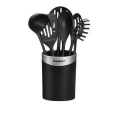 the black utensil holder has five spoons in it