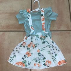 Brand New 2pc Set Comes With A Flower Print Bow Size 2t Cute Ruffled Sets For Spring, Cute Skirt For Spring Playtime, Cute Spring Skirt For Playtime, Cute Spring Playtime Skirt, Cute White Floral Print Skirt, Playful White Skirt With Ruffles, Ruffle Trim Top, Suspender Skirt, Shein Dress