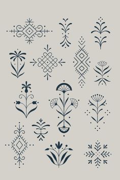 an assortment of different designs on a gray background, including flowers and geometric shapes in blue ink