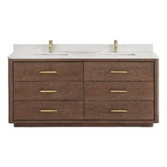 the double sink vanity is made from wood and has two gold handles on each side