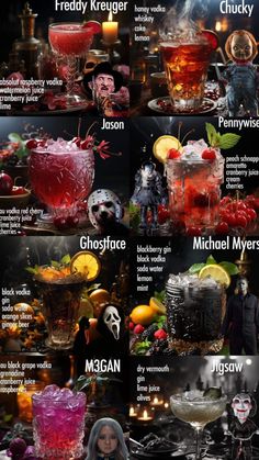 halloween cocktails with names and pictures for each type of drink in the image below