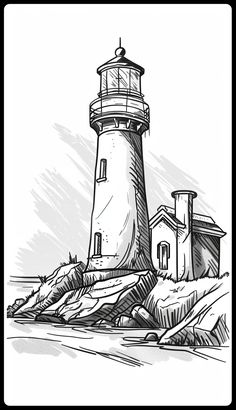 a black and white drawing of a lighthouse