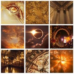 many different pictures are shown in this collage with gold and oranges on them