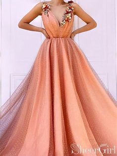 Orange 3D Flowers Long Prom Dresses V-neck Tulle Evening Dress ARD2406-SheerGirl The Suits, Formal Ball Gown, Tulle Evening Dress, Cheap Evening Dresses, Long Prom Gowns, Long Prom Dresses, A Line Prom Dresses, Tulle Prom Dress, 3d Flowers