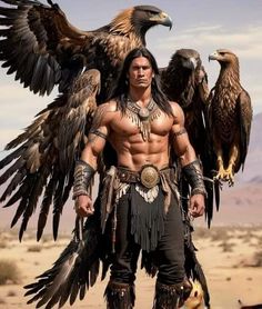 a man standing in the desert with two large birds on his arm and one bird perched on his shoulder