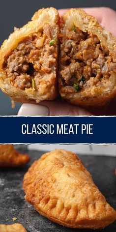 meat pies cut in half with text overlay reading making a classic meat pie at home