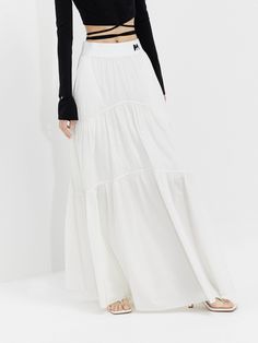 MO&Co. Women's Flowy Maxi Skirt Features : - Double side pocket design, flowy fit, lined- Elasticized waistband and gathered seam details- Cool touch fabric Code: MBD2SKTT12The back length of size S is 95.5cmMATERIALS & CARE Material: 78.2% Polyamide 21.8% SpandexOur sizes might be a little different from US/EU sizes. Please refer to the size guide carefully before purchasing at the above description.REMINDER: All items are measured manually. Please note that it's reasonable that there might be Outfit Sets For Women, Flowy Maxi Skirt, Flowy Maxi Skirts, Spring Summer Autumn Winter, Fashion Tape, New Dresses, Summer Skirts, Summer Day, White Skirts