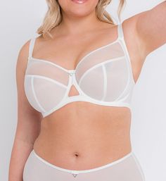 This mesh balcony bra has multi-part cups and a cutout at center front. Multi-part, unlined (unpadded), underwire cup shapes and gives an uplifted, rounded look. Side support panels help center breasts and contain side tissue. Angled and vertical cup seams shape and lift. Tall, wide arched center panel with bow and silvertone hardware at top, and cutout at center. Mesh sides and back have sewn-on elastic at edges for a custom fit. Wide-set elastic straps adjust in the back with coated metal hard Curvy Kate, Balcony Bra, Joe Browns, Bra Cups, Bra Lingerie, How To Feel Beautiful, Best Brand, Alternative Fashion, Custom Fit